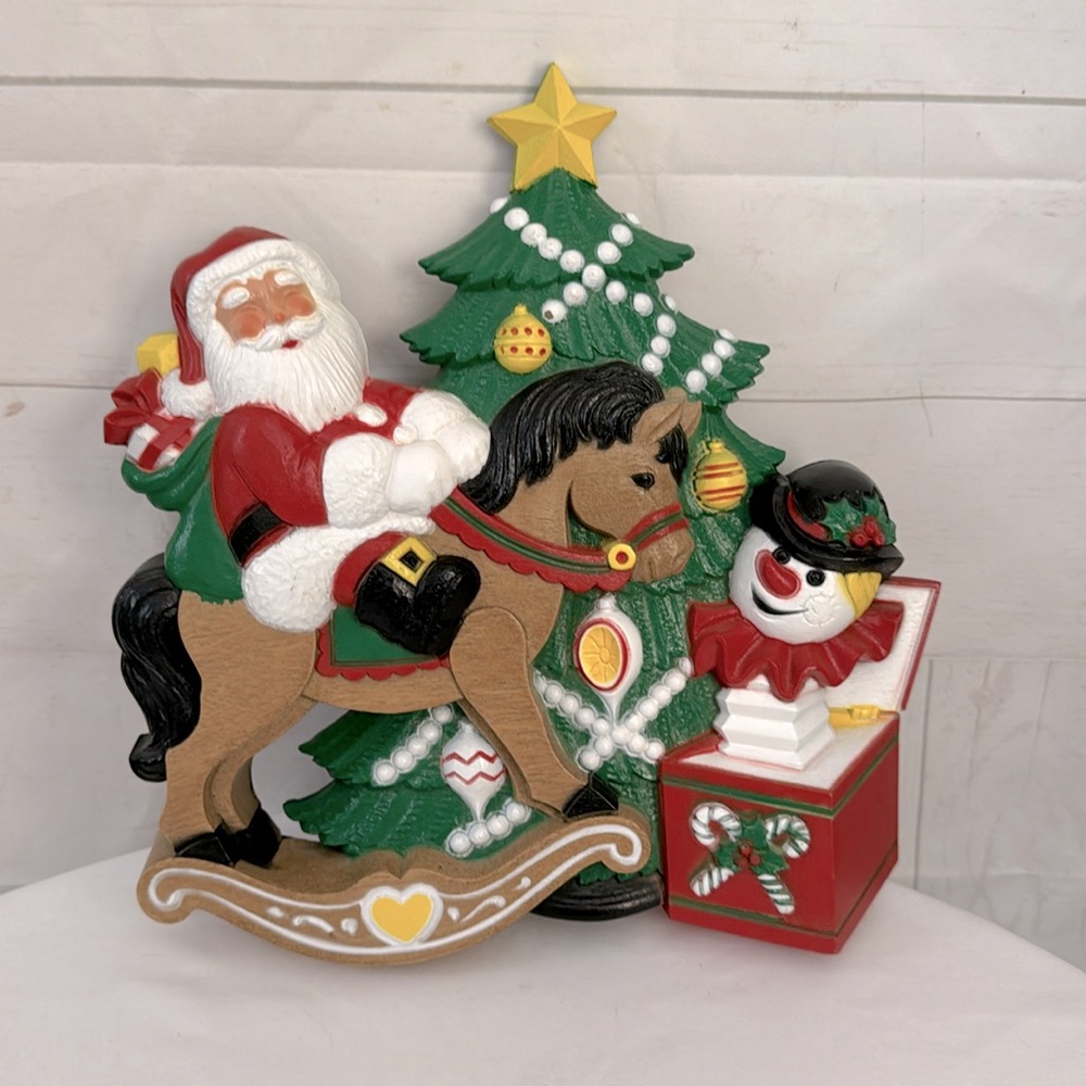 Burwood Products Christmas Plaque Santa on Rocking Horse With Jack-N-The Box